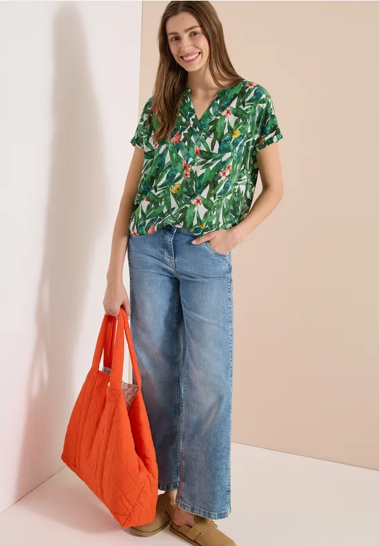 Kurzarm-Blusenshirt mit tropischem Print
