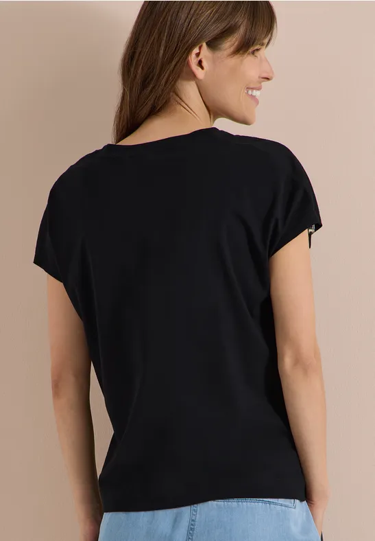 T-Shirt mit Schulter-Raffung und U-Boot-Ausschnitt