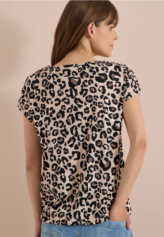 T-Shirt mit Raffung und Animal-Print