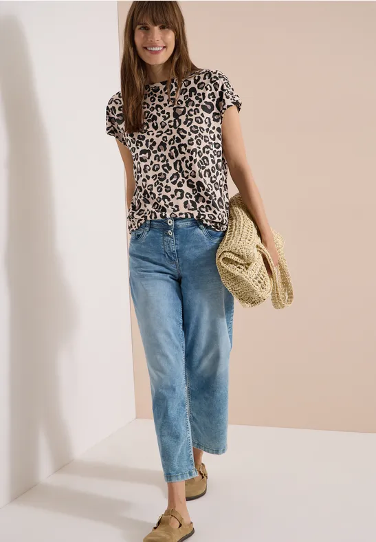 T-Shirt mit Raffung und Animal-Print