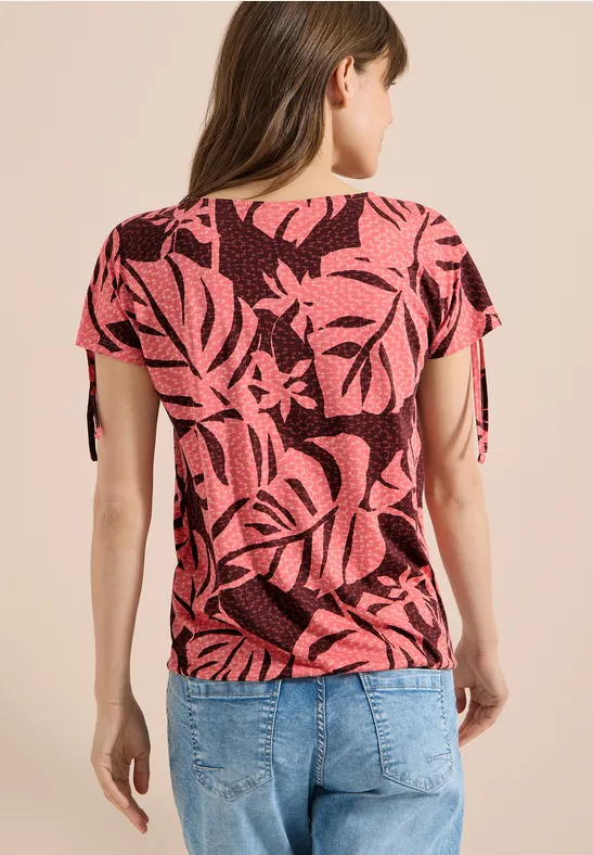 T-Shirt mit Blätterprint und Raffungen