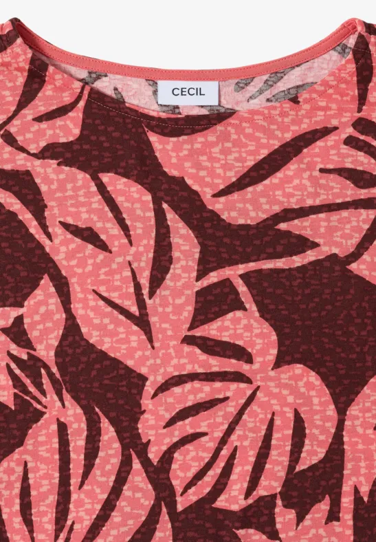 T-Shirt mit Blätterprint und Raffungen