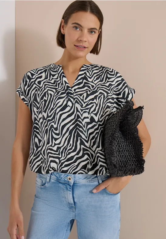 Leichte Zebra-Print Bluse mit Split-Neck
