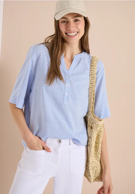 Gestreifte Kurzarmbluse mit Split-Neck