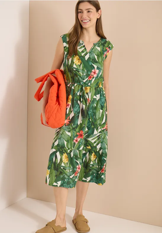 Midikleid mit Tropen-Print und Tunnelzug