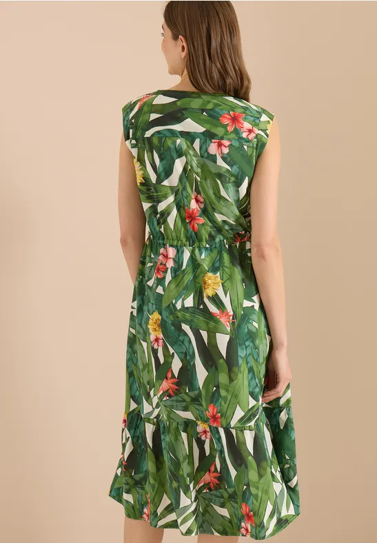Midikleid mit Tropen-Print und Tunnelzug
