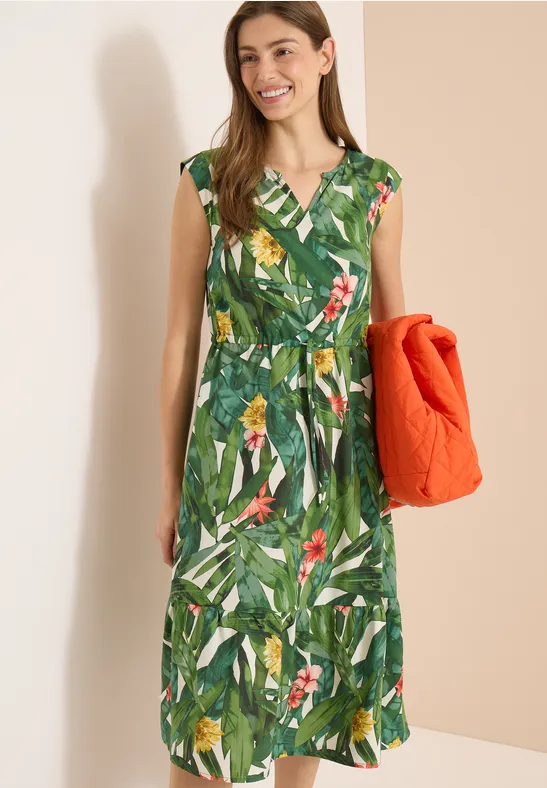 Midikleid mit Tropen-Print und Tunnelzug