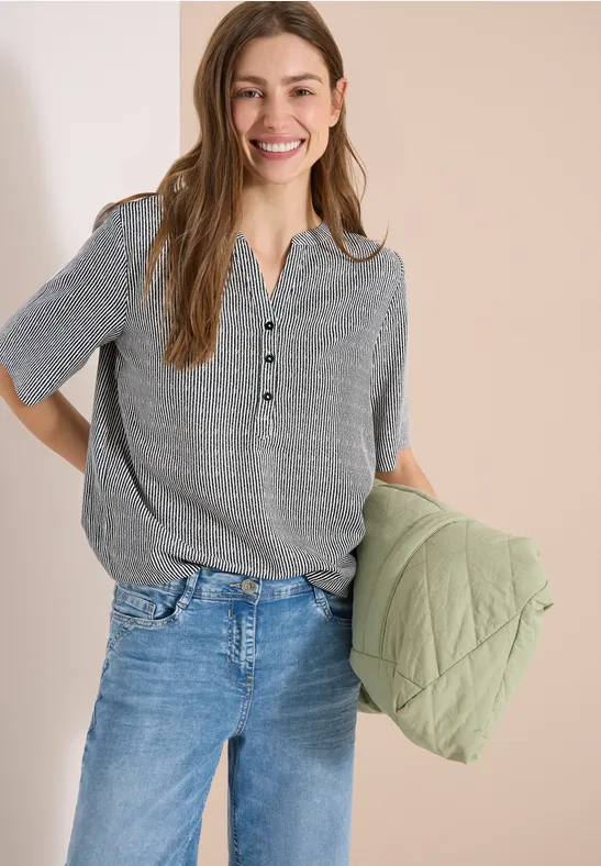 Gestreifte Kurzarmbluse mit Split Neck