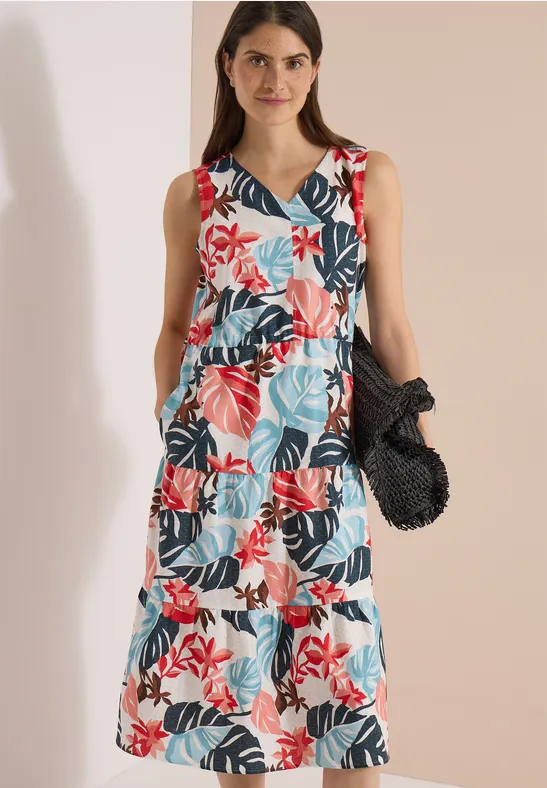 Gestuftes Midikleid mit Blätterprint