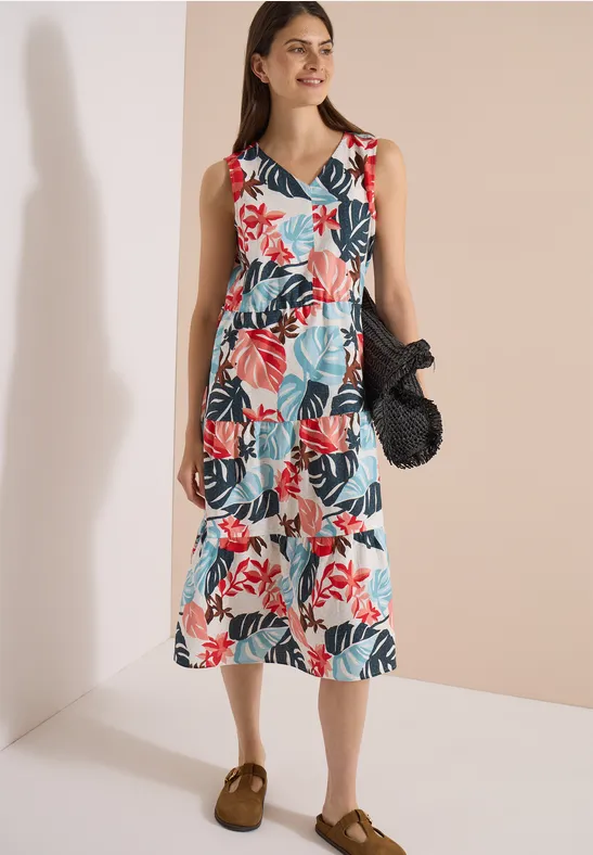 Gestuftes Midikleid mit Blätterprint