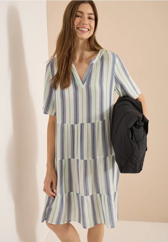 Gestreiftes Stufenkleid mit V-Ausschnitt