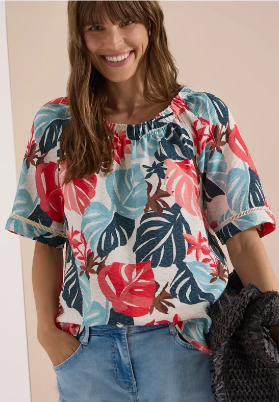 Carmen-Bluse mit Blätterprint