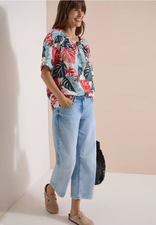 Carmen-Bluse mit Blätterprint