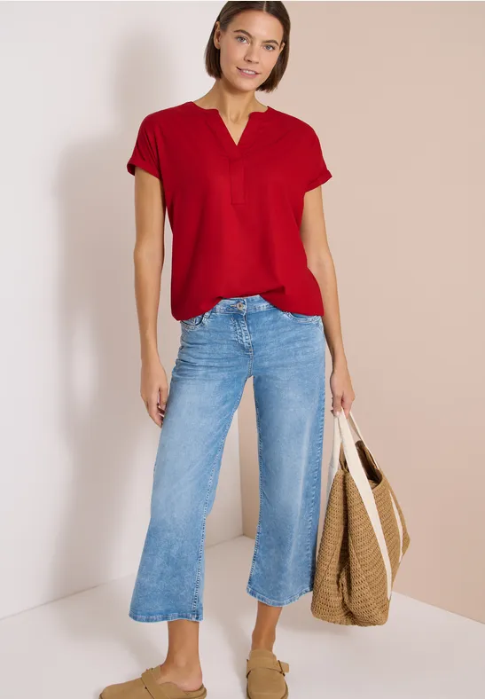 Lässige Kurzarmbluse mit Split-Neck