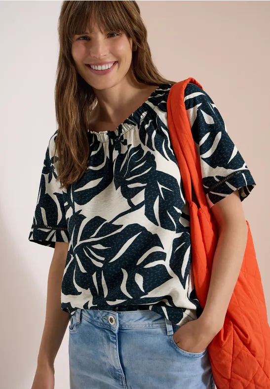 Kurzarm-Carmenbluse mit Blätterprint