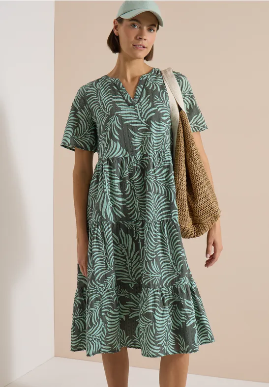 Gestuftes Midikleid mit Blätterprint