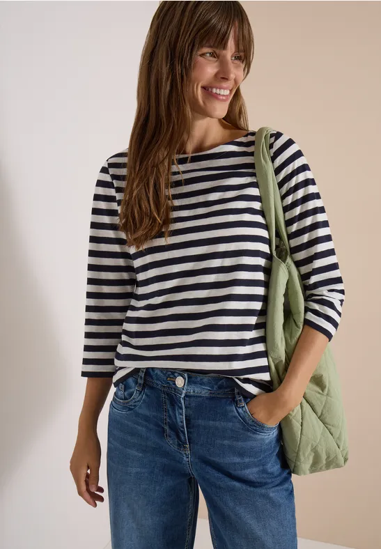 Gestreiftes Baumwollshirt mit U-Boot-Ausschnitt