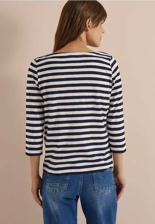 Gestreiftes Baumwollshirt mit U-Boot-Ausschnitt