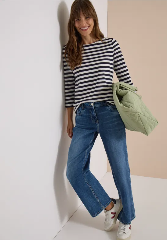Gestreiftes Baumwollshirt mit U-Boot-Ausschnitt
