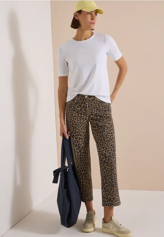High-Waist-Jeans mit weitem Bein und Leo-Print