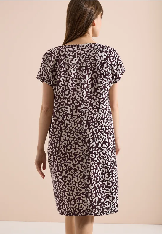 Knielanges Leinen-Mix Kleid mit Leo-Print