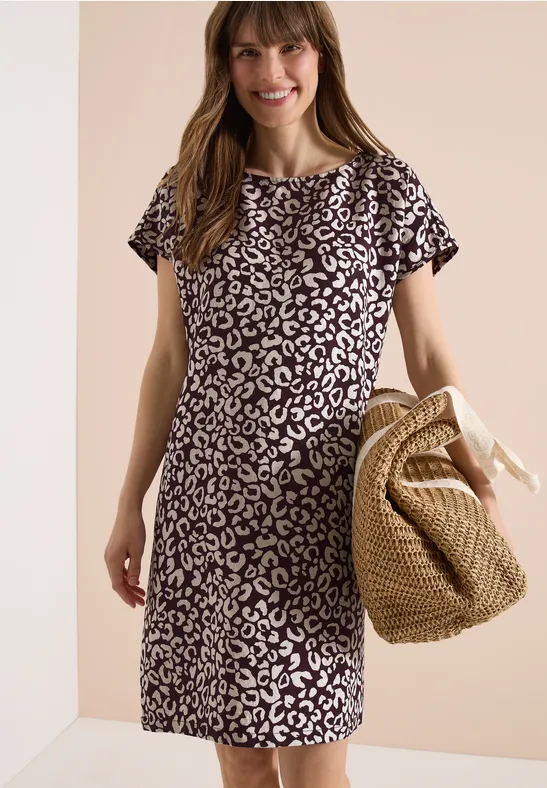 Knielanges Leinen-Mix Kleid mit Leo-Print