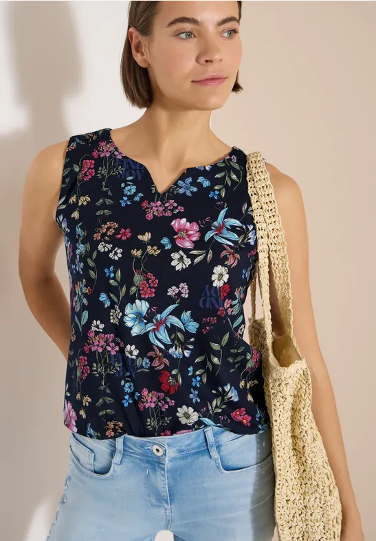 Baumwolltop mit Blumenmuster und Split-Neck
