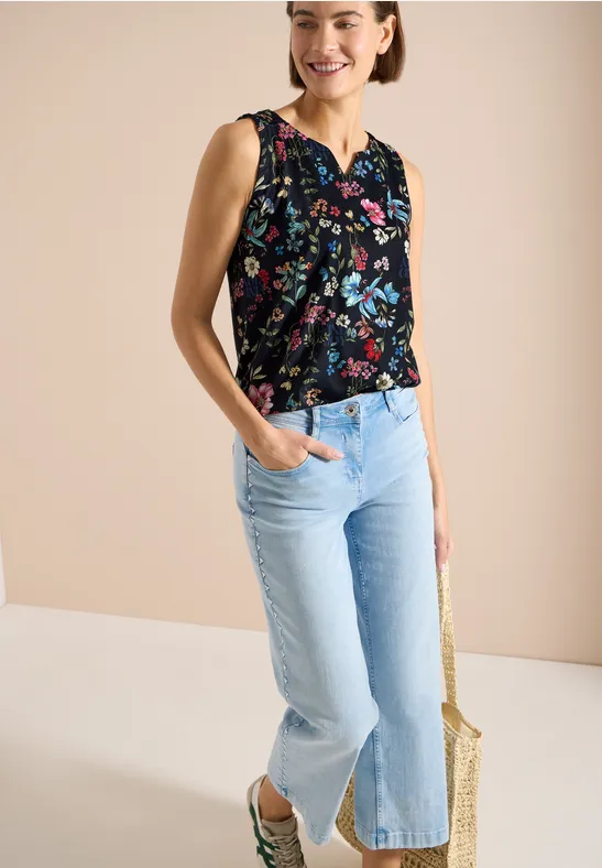 Baumwolltop mit Blumenmuster und Split-Neck