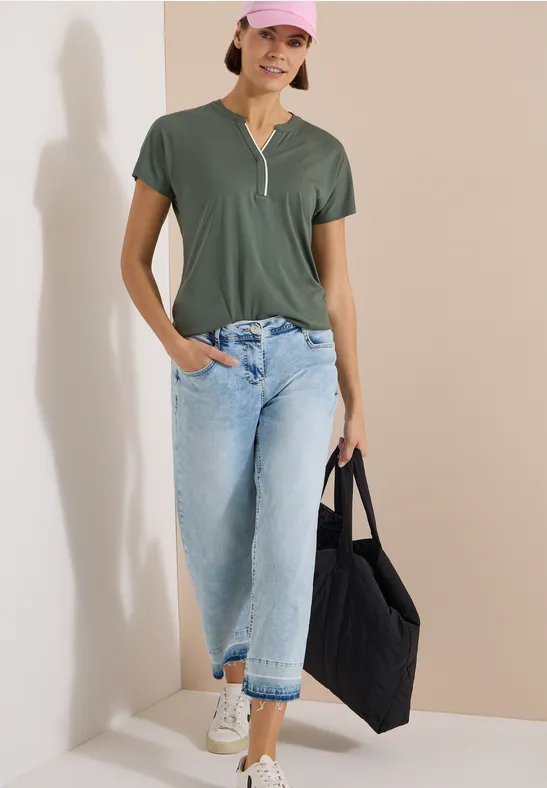 T-Shirt mit Split Neck aus Modal-Mix