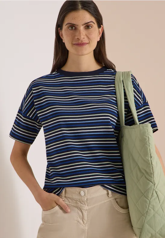 Gestreiftes Baumwollshirt mit U-Boot-Ausschnitt