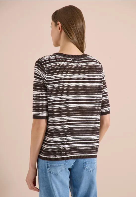 Gestreifter Kurzarm-Strickpullover aus Baumwolle