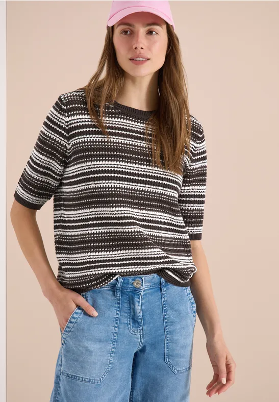 Gestreifter Kurzarm-Strickpullover aus Baumwolle