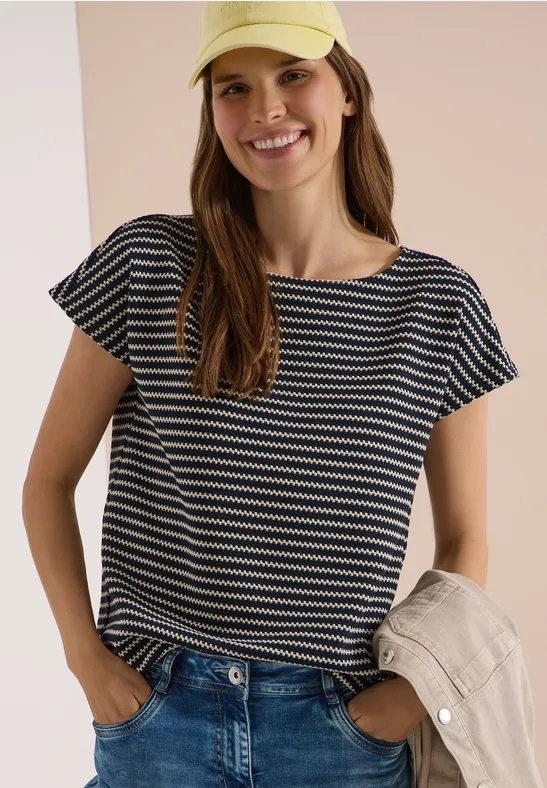 Strukturiertes gestreiftes U-Boot-Ausschnitt Shirt
