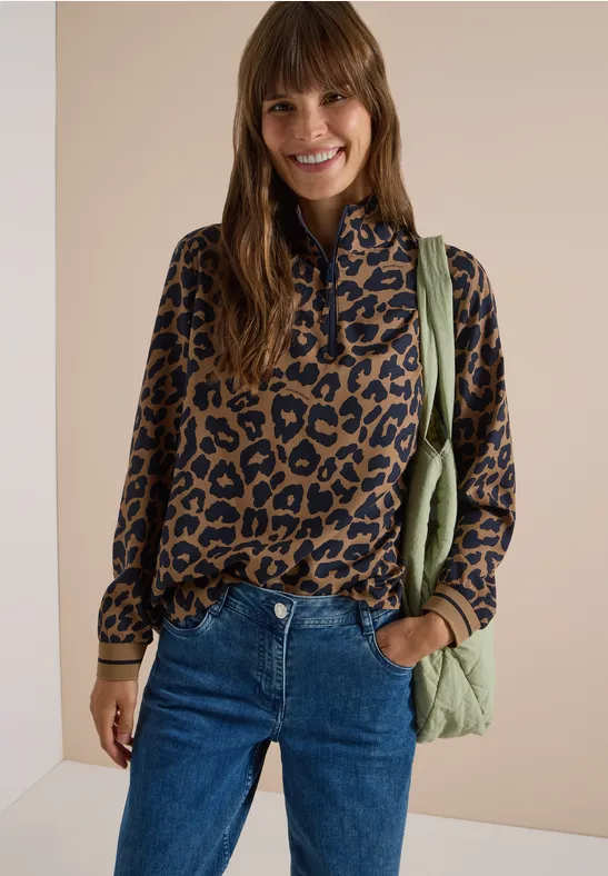 Leopardenmuster Bluse mit Viertel-Reißverschluss
