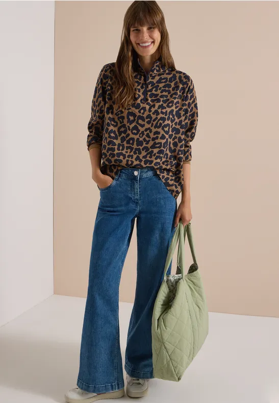 Leopardenmuster Bluse mit Viertel-Reißverschluss