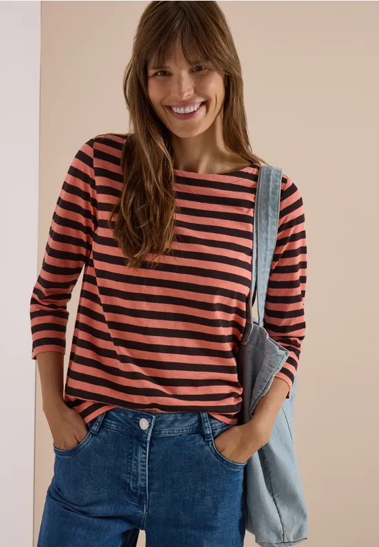 Gestreiftes Jerseyshirt mit U-Boot-Ausschnitt