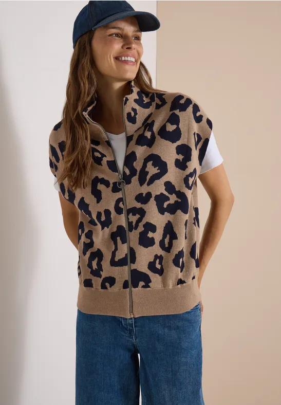 Strickweste mit Leopardenmuster und Reißverschluss