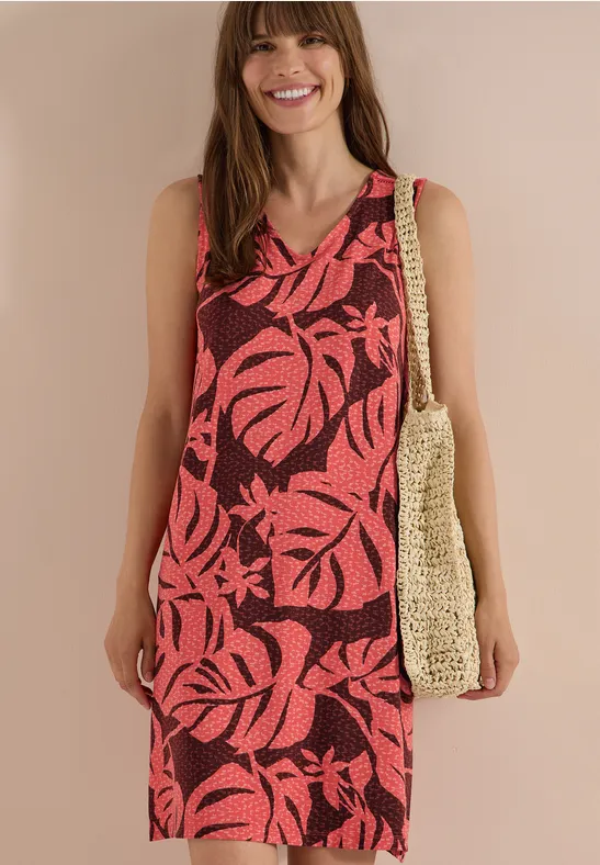 Knielanges Jerseykleid mit Blätterprint