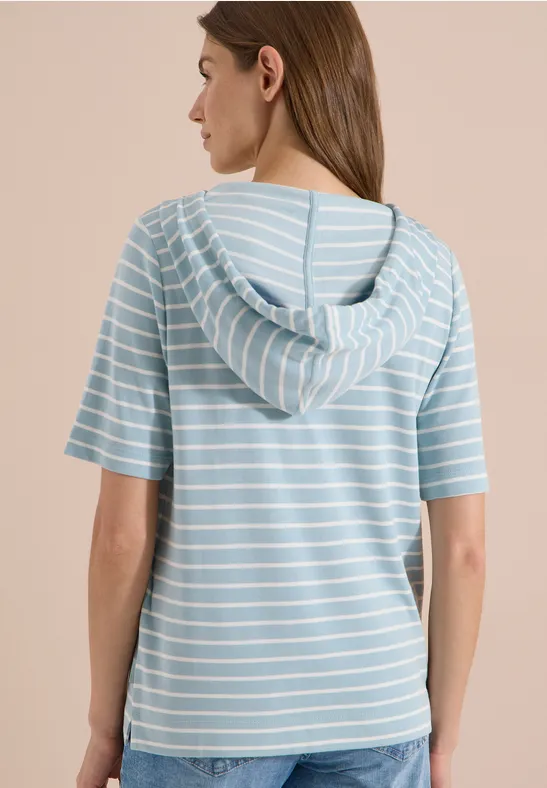 Gestreiftes Kurzarm-Kapuzenshirt mit Tunnelzug