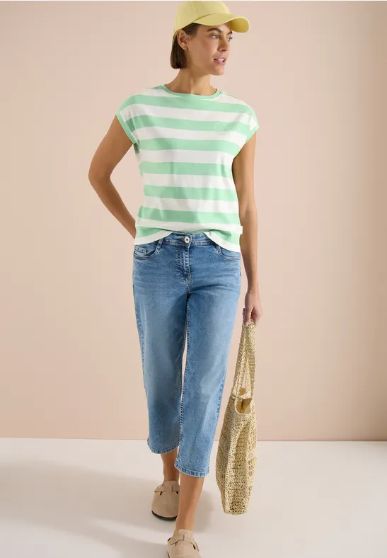 Gestreiftes Baumwoll-T-Shirt mit Print