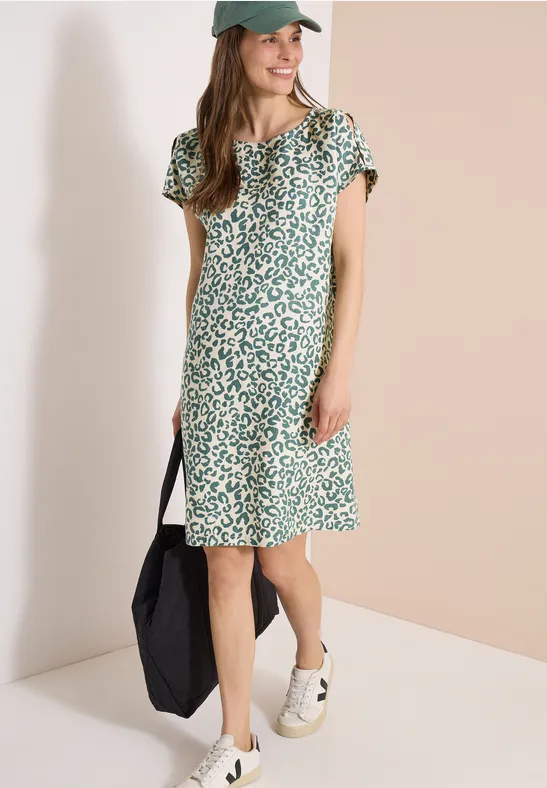 Kleid mit Leo-Print aus Leinen-Mix