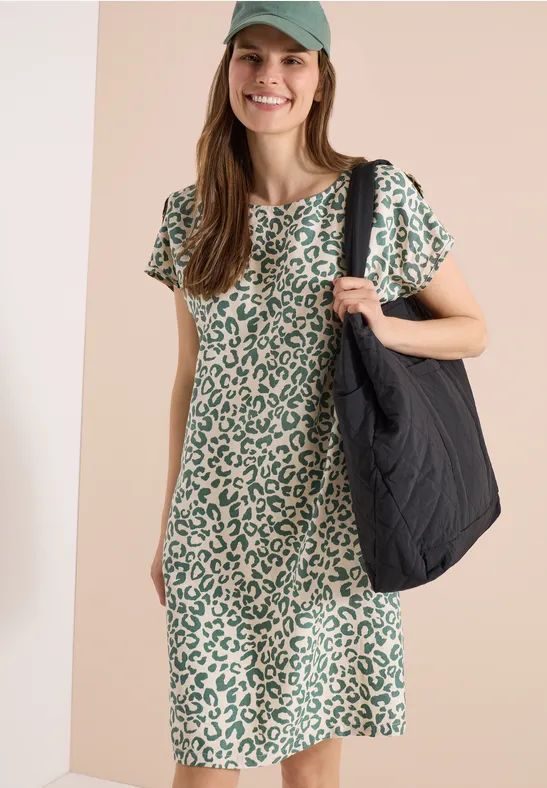 Kleid mit Leo-Print aus Leinen-Mix