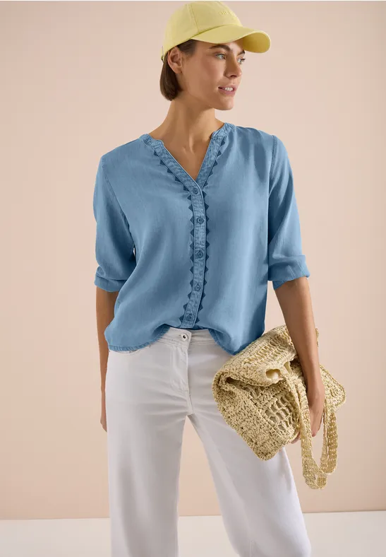 Bluse in Denim-Optik mit Stickerei