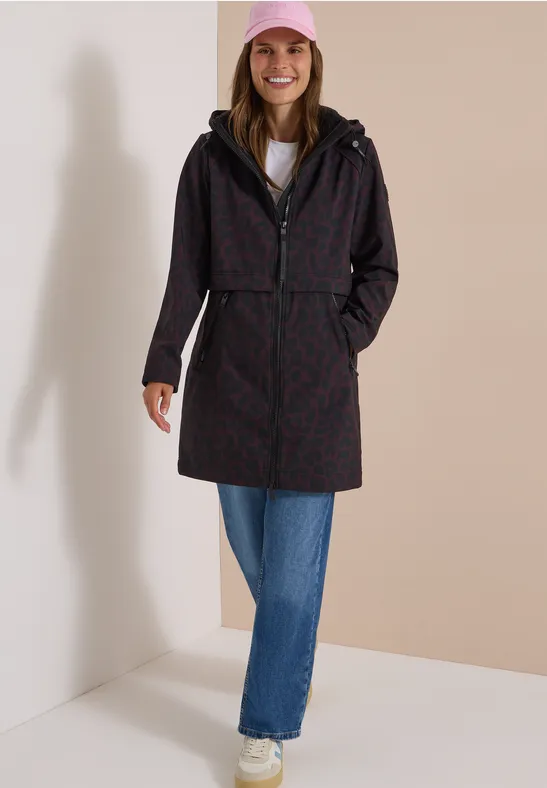 Softshell-Parka mit Kapuze und Animal-Print