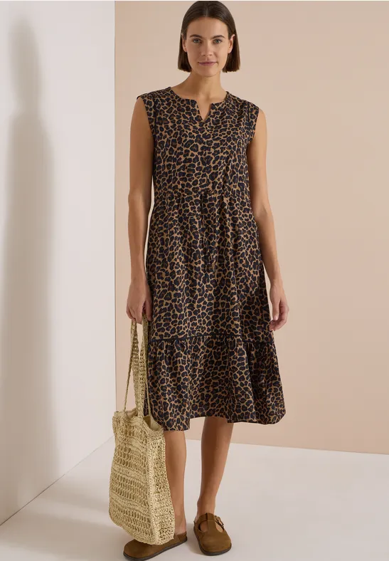 Midi-Kleid mit Leoprint und Tunnelzug