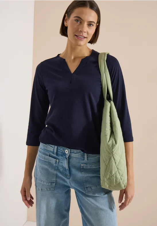 3/4-Arm Shirt mit geschlitztem Ausschnitt