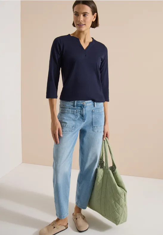 3/4-Arm Shirt mit geschlitztem Ausschnitt