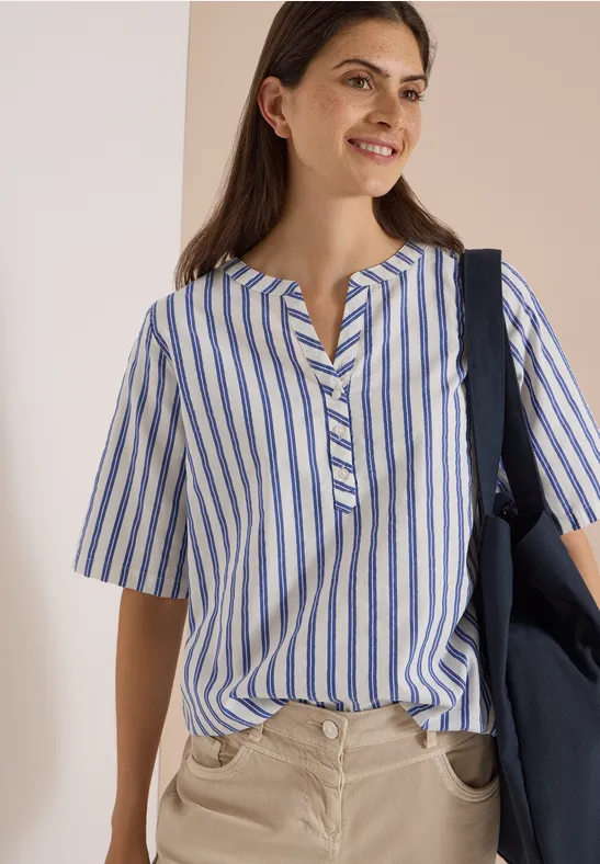 Kurzarm-Streifenbluse mit Split-Neck