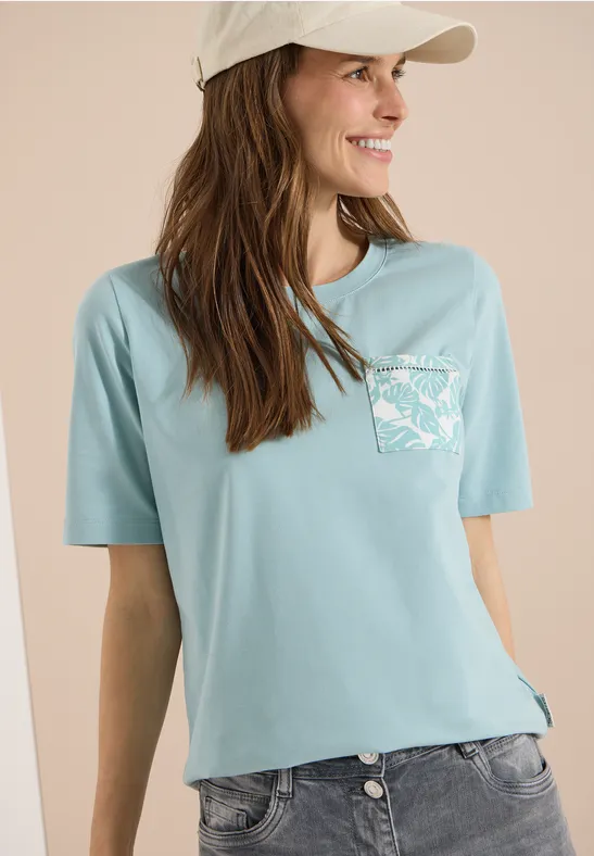 Legeres Rundhals-T-Shirt mit gemusterter Tasche