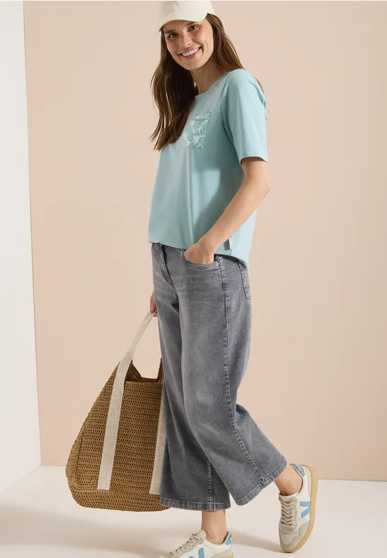 Legeres Rundhals-T-Shirt mit gemusterter Tasche